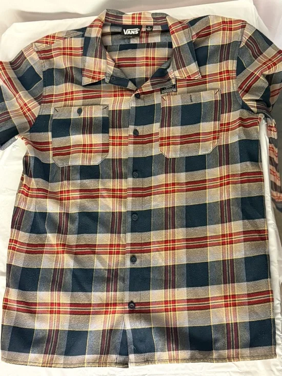 Vans Plaid Flannel Shirt Mens Large Red Tan Black Button Up Long Sleeve - Picture 2 of 4
